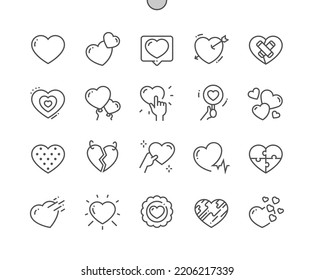 Corazones. Romántico y decoración. Haga clic en corazón. Llavero del corazón roto. Iconos De Línea Delgada De Vector Perfecto De Pixel. Pictograma mínimo simple