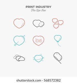 Hearts, romantic thin line color icons set, vector illustration