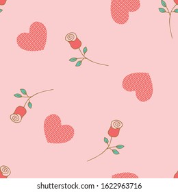 Hearts and Roses for Valentine Vector Seamless Pattern