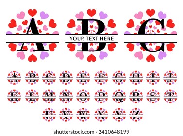 Hearts Round Split Monogram Letter Set A-Z, Valentines Day Split Font Vector Design, Love Split Alphabet Monogram Letters  