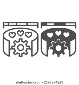Hearts with ruler and cogwheel line and solid icon, neural network concept. Vector graphics. Likes data training, promotion sign on white background, outline style icon for mobile or web design