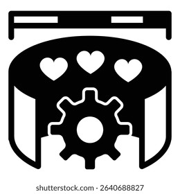 Hearts with ruler and cogwheel solid icon, neural network concept. Vector graphics. Likes data training, promotion sign on white background, style mobile or design
