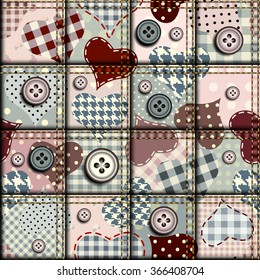Hearts in scrapbook patchwork style. Seamless background pattern.