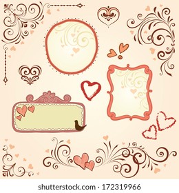 Hearts, scrolls, frames and design elements. Vector set.