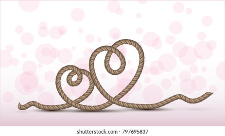 Hearts of sea twisted cord. Vector spiral rope. Romantic sailor knot. Pink white background for happy valentine's or women's day, wedding invitation card. Round rose bokeh on backdrop.