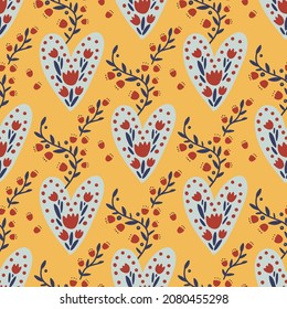 Hearts seamless flower cartoon vector pattern. Ornate romantic boho valentine background Valentines day kid design.