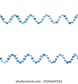 Hearts. Seamless horizontal border. Repeating vector pattern. Isolated colorless background. Valentines Day. Endless pattern of blue hearts in wave shape. Place for text. Idea for web design, banner