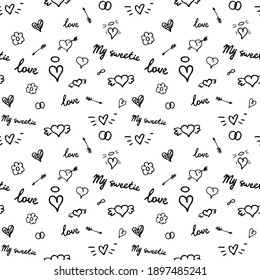 Hearts seamless pattern with arrows, rings, wings. Romantic stickers collection. Hand drawn cute vector illustration isolated on white background. Valentines day element, wedding, love.