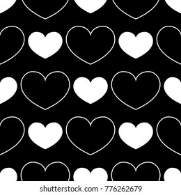 Hearts as seamless pattern. Black and white romantic background. Vector illustration