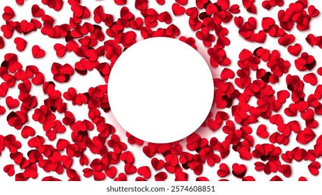 Hearts seamless pattern. Circle shaped frame. Rose petals fall. Heart paper confetti. Vector eps 10 illustration. Red color. Romantic floral background. Love backdrop. 14 February Valentine's Day.
