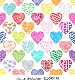 Hearts Seamless pattern. Colorful Valentine background. Happy Valentine's day. Hand drawn doodles Vector illustration. 