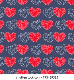 Hearts seamless pattern in cool blue and warm red colors. Background for Saint Valentine's Day Cards. Hand drawn hearts. Line style. Two hearts. Love, romantic and wedding design. 