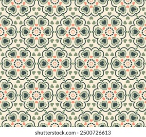 Hearts Seamless Pattern (Cream, Green, Peach) - Geometric Shapes; Repeating Vector Image; Easily Editable; Endless Design; Colorful lIlustration - Print for Gift Paper, Packaging, etc.