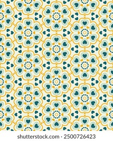 Corazones sin patrón (crema, verde azulado, verde, amarillo) - Formas geométricas; Imagen de Vector de repetición; Fácilmente editable; Diseño sin fin; Ilustración colorida - Imprimir para papel de regalo, embalaje, etc.