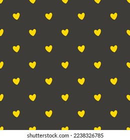 Hearts seamless pattern. Cute Hand-drawn nursery cartoon doodle. Childish vector illustration, simple naive style. Yellow shapes on black background. Perfect for printing fabrics, packaging, clothes