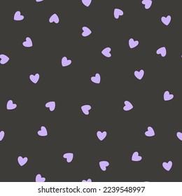 Hearts seamless pattern. Cute Hand-drawn nursery cartoon doodle. Childish vector illustration, simple naive style. Lilac shapes on a black background. Perfect for printing fabrics, packaging, clothes