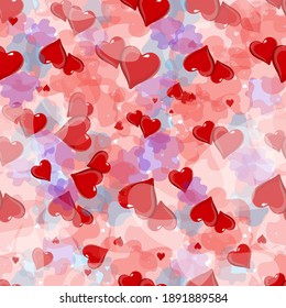 Hearts seamless pattern. Dense drawing. Valentine s Day. Pink transparent background. Watercolor effect.