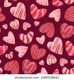 Hearts Seamless Pattern. Different hearts print on Textile, Wrapping Paper, Web Design and Social Media. Pink and Red Colors.