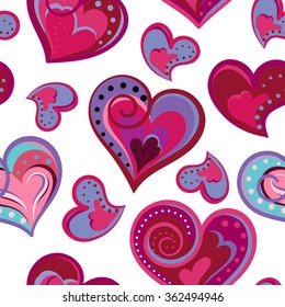 Hearts seamless pattern. Doodle hand draw vector background