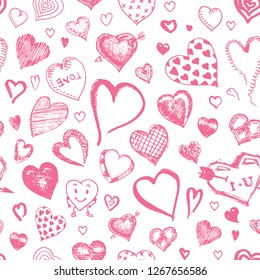 Hearts Seamless pattern. Doodle Valentine. Love symbol. Engraved hand drawn sketch for texture
