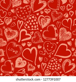 Hearts Seamless pattern. Doodle Valentine. Love symbol. Engraved hand drawn sketch for texture