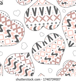 Hearts. Seamless pattern, fabric design, wrapping paper, wallpaper, background. Shades of gray and pink colors, vector.