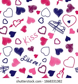 Hearts. Seamless pattern, fabric design, wrapping paper, wallpaper, background. Festive background. Doodle, vector.