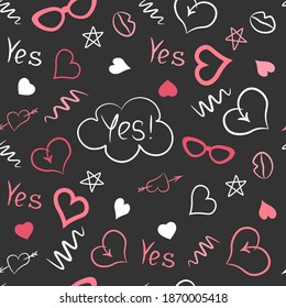 Hearts. Seamless pattern, fabric design, wrapping paper, wallpaper, background. Festive background. Doodle, vector.