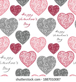 Hört. Nahtlose Muster, Stoffdesign, Wickelpapier, Tapete, Hintergrund.
Valentinstag. Festlicher Hintergrund. Doodle, Vektor.