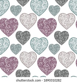 Hearts. Seamless pattern, fabric design, wrapping paper, wallpaper, background.
Valentine's Day. Festive background. Doodle, vector.