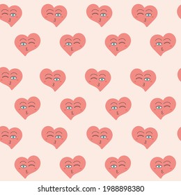 Hearts seamless pattern. Hearts with faces. Cute cartoon hearts. Template for card, poster, banner, label, print for t-shirt.	