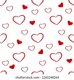 Hearts seamless pattern, hand drawn red color, vector design