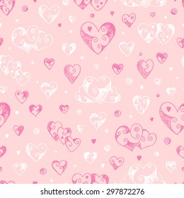 Hearts Seamless pattern. Hand drawn doodles Vector illustration. Happy Valentine's day. Pink Valentine background.