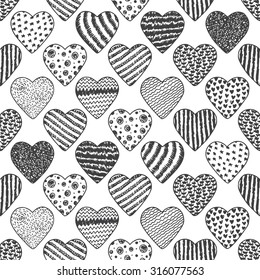 Hearts Seamless pattern. Hand drawn doodles Vector illustration. Happy Valentine's day. Black and white Valentine background.