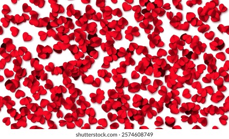 Hearts seamless pattern. Heart shaped rose petals fall. Heart paper confetti. Vector eps 10 illustration. Red color. Romantic floral background. Love backdrop. 14 February Valentine's Day.