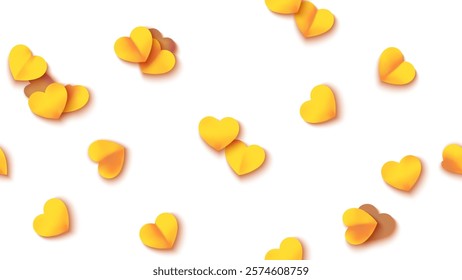 Hearts seamless pattern. Heart shaped rose petals fall. Heart paper confetti. Vector eps 10 illustration. Yellow color. Romantic floral background. Love backdrop. 14 February Valentine's Day.