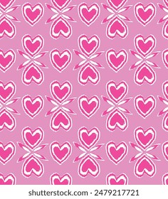 Hearts seamless pattern. Leaves and hearts ornament. Romantic wrapping paper. Repeat print with grunge heart