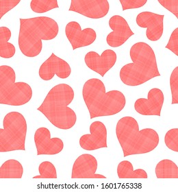 Hearts seamless pattern. Linen fabric texture. Vector illustration.