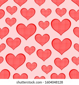 Hearts seamless pattern. Linen fabric texture. Vector illustration.