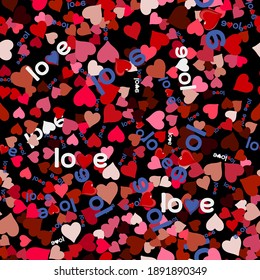 Hearts seamless pattern on a black background. Dense pattern. Multicolored hearts from light to dark. The word is love. Valentine's Day.
