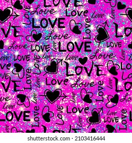 Hearts seamless pattern on bright background with paint splashes. Happy valentine's day and the inscription love. Abstract template for fabric and wrapping paper blots in neon colors in vector.