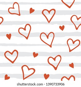 Hearts seamless pattern on gray stripes background