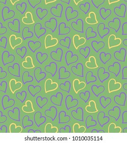 Hearts seamless pattern on the green background. Design for Saint Valentine's Day Cards. Purple and yellow hand drawn outlined hearts.