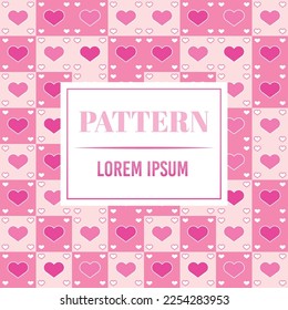 Hearts Seamless Pattern on Pink Checkered Background. Hand-Drawn Vector Illustration. Seventies Style, Groovy Background, Wallpaper, Print. Flat Design, Hippie Aesthetic.
