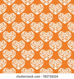 Hearts as seamless pattern. Orange romantic background. Vector illustration