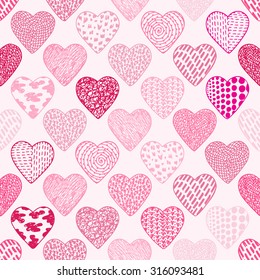 Hearts Seamless pattern. Pink Valentine background. Happy Valentine's day. Hand drawn doodles Vector illustration. 