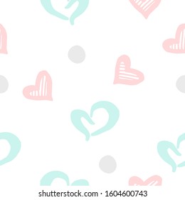 Hearts seamless pattern, Polka dot with hearts, Freehand love symbol illustrations on white background.
