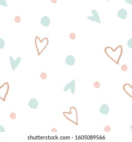 Hearts seamless pattern, Polka dot with hearts, Freehand love symbol illustrations on white background.
