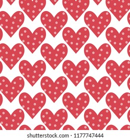 Hearts seamless pattern. Red hearts with circles inside on white background. Vector illustration. 