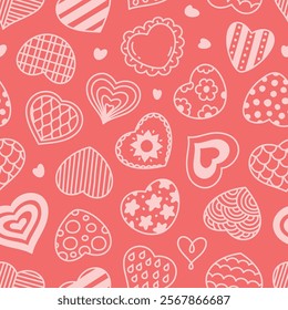 Hearts seamless pattern. Repeated love symbols, romantic signs, valentines day elements, different shapes and designs. Decor textile, wrapping, wallpaper. Print for fabric, vector background